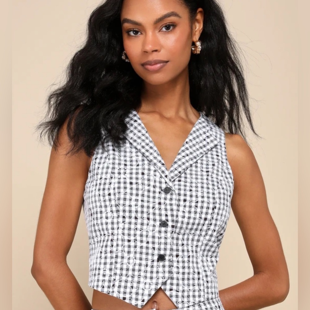 Lulu’s Black and White Gingham Embroidered Vest NWT XL